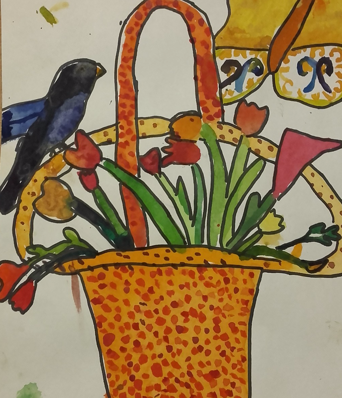 Детский рисунок - Корзина с цветами