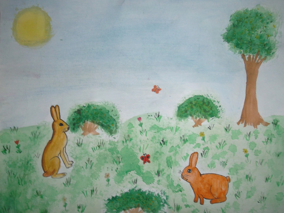 Детский рисунок - Зайки на лужайке