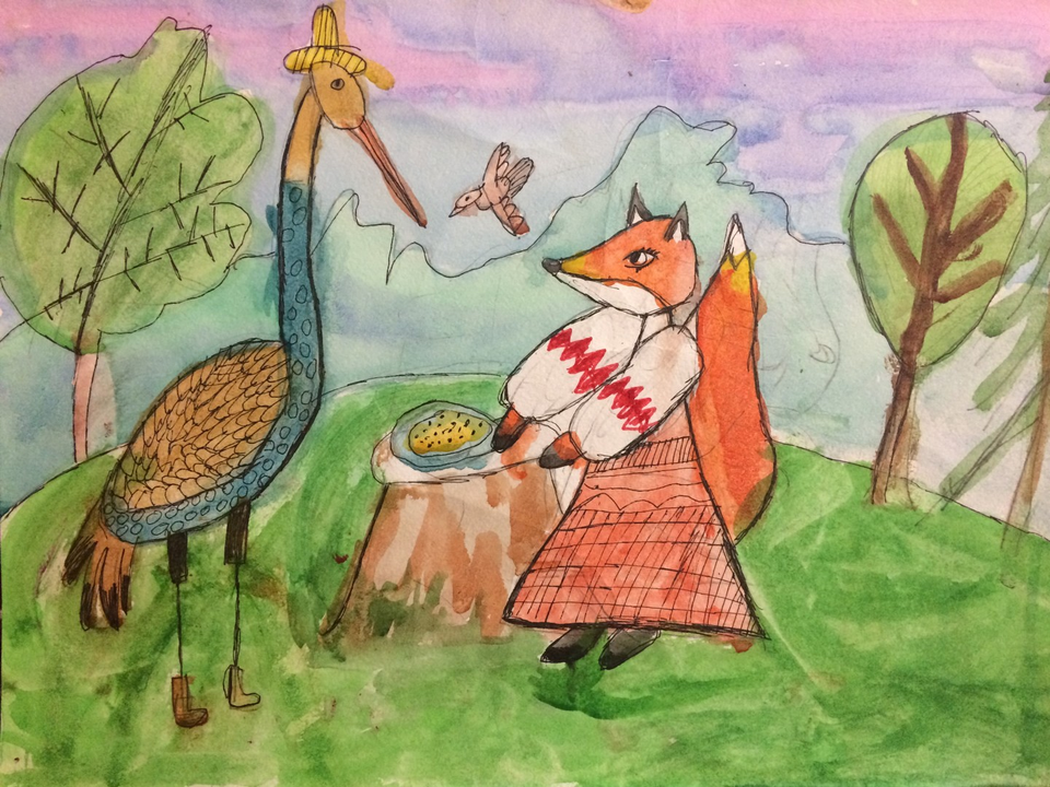 Детский рисунок - Лиса и журавль