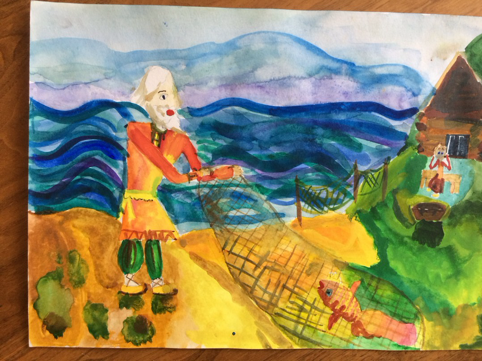 Детский рисунок - Сказка о рыбаке и рыбке