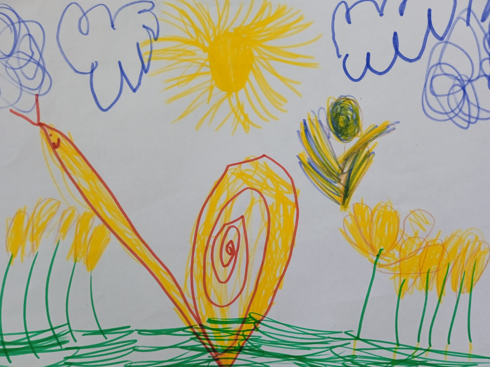 Детский рисунок - Улитка Эвелинка и ее мечты