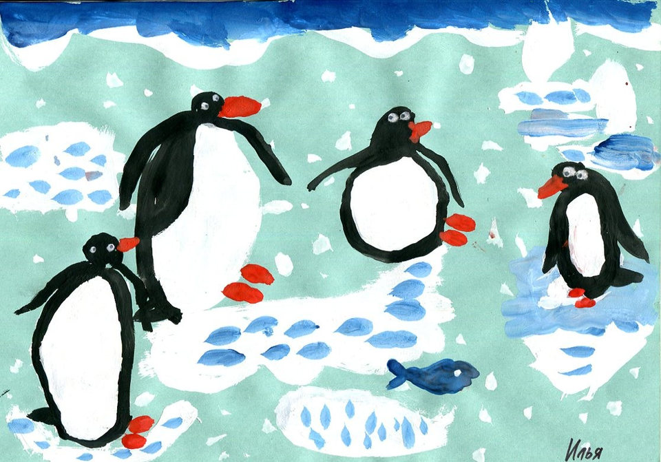 Детский рисунок - Путешествие Пингвинов