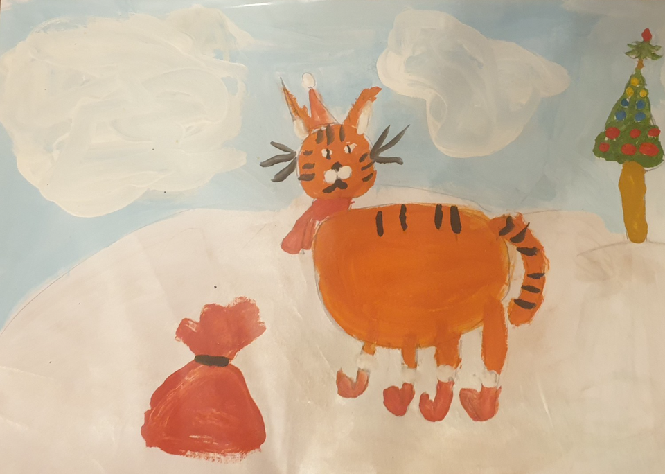 Детский рисунок - Тигр и ёлочка