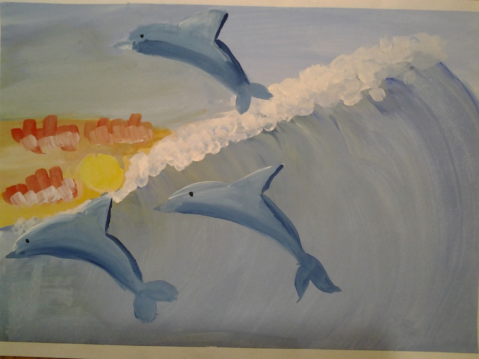 Детский рисунок - Дельфины и волна