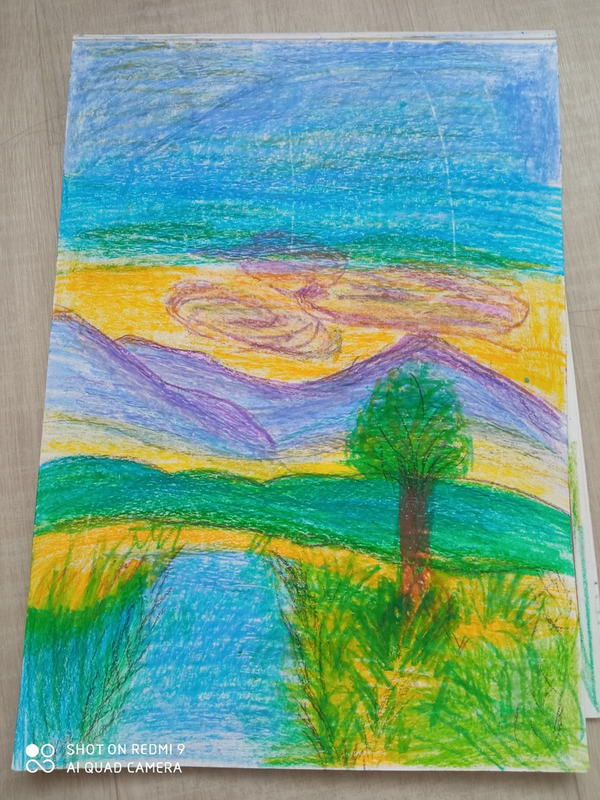 Детский рисунок - Пейзаж масляной пастелью
