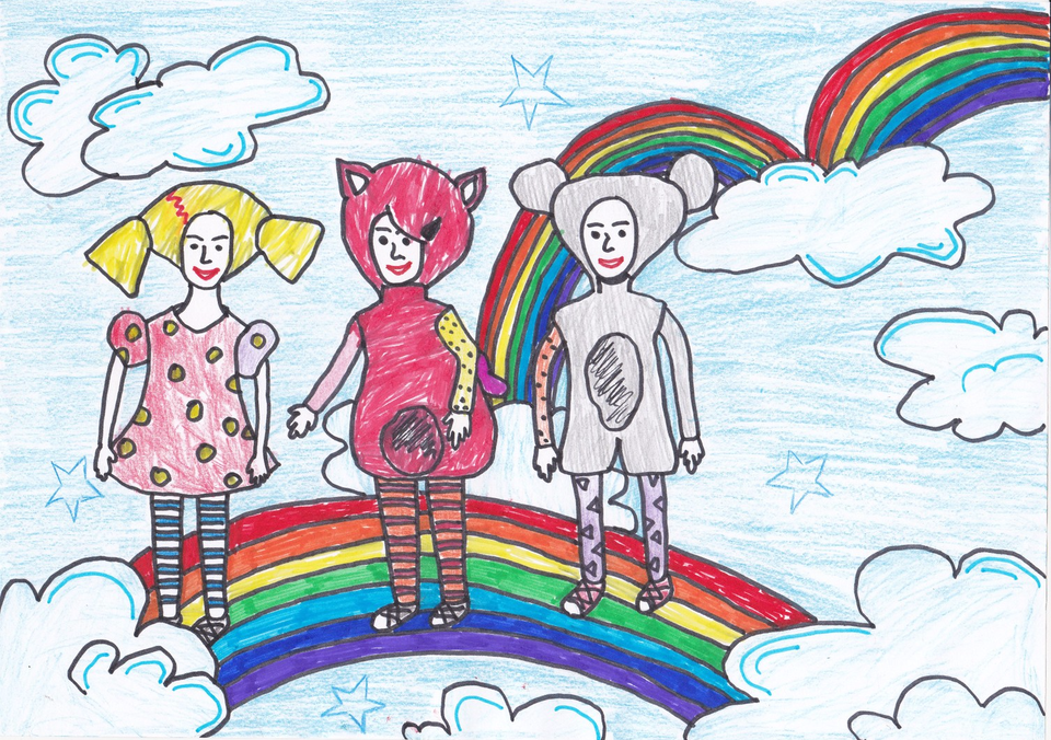 Детский рисунок - Кукутики на радуге