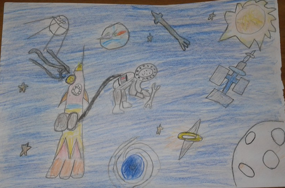 Детский рисунок - Ремонтные работы в космосе