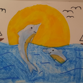 Рисунок "Закат и дельфины"