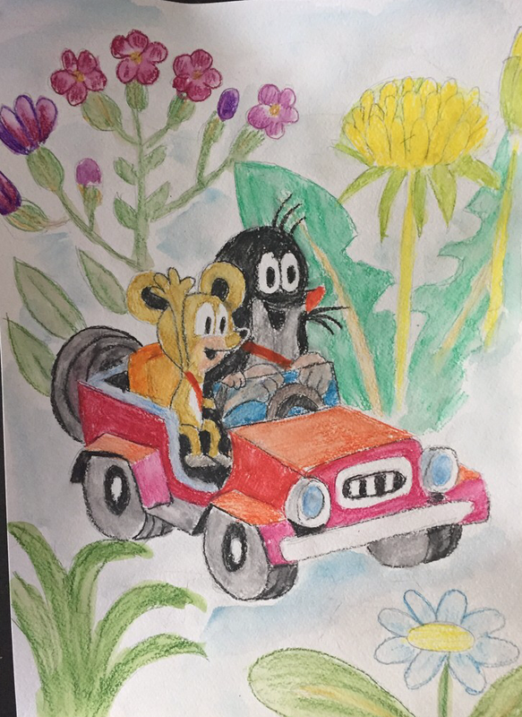 Детский рисунок - Кротик и автомобильчик