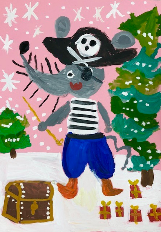 Детский рисунок - Мышь-пират на карнавале