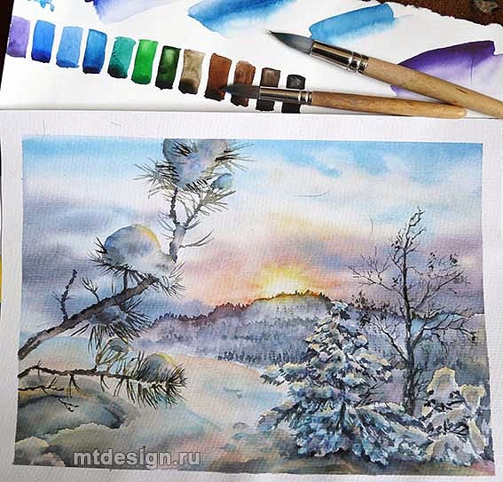 Снегири и Снег - Как нарисовать Зимний пейзаж - Зима