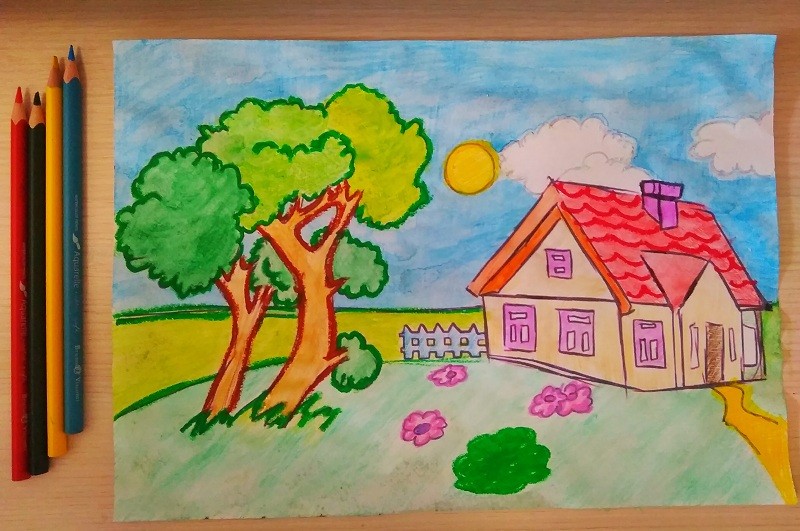 Как нарисовать летний пейзаж с домиком
